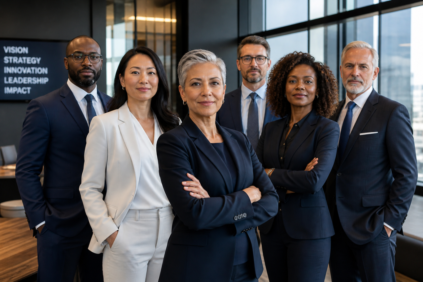 A diverse group of six professionals in a modern office setting, smiling confidently.