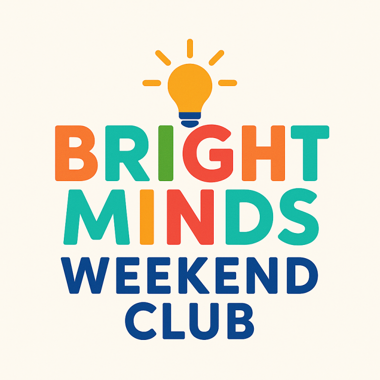 Logo for "Bright Minds Weekend Club" with a light bulb graphic.