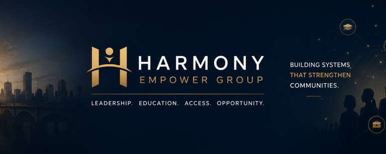 Harmony Empower Group Audit Booking Page Text promoting Harmony Empower Group, focusing on education, innovation, and community access.